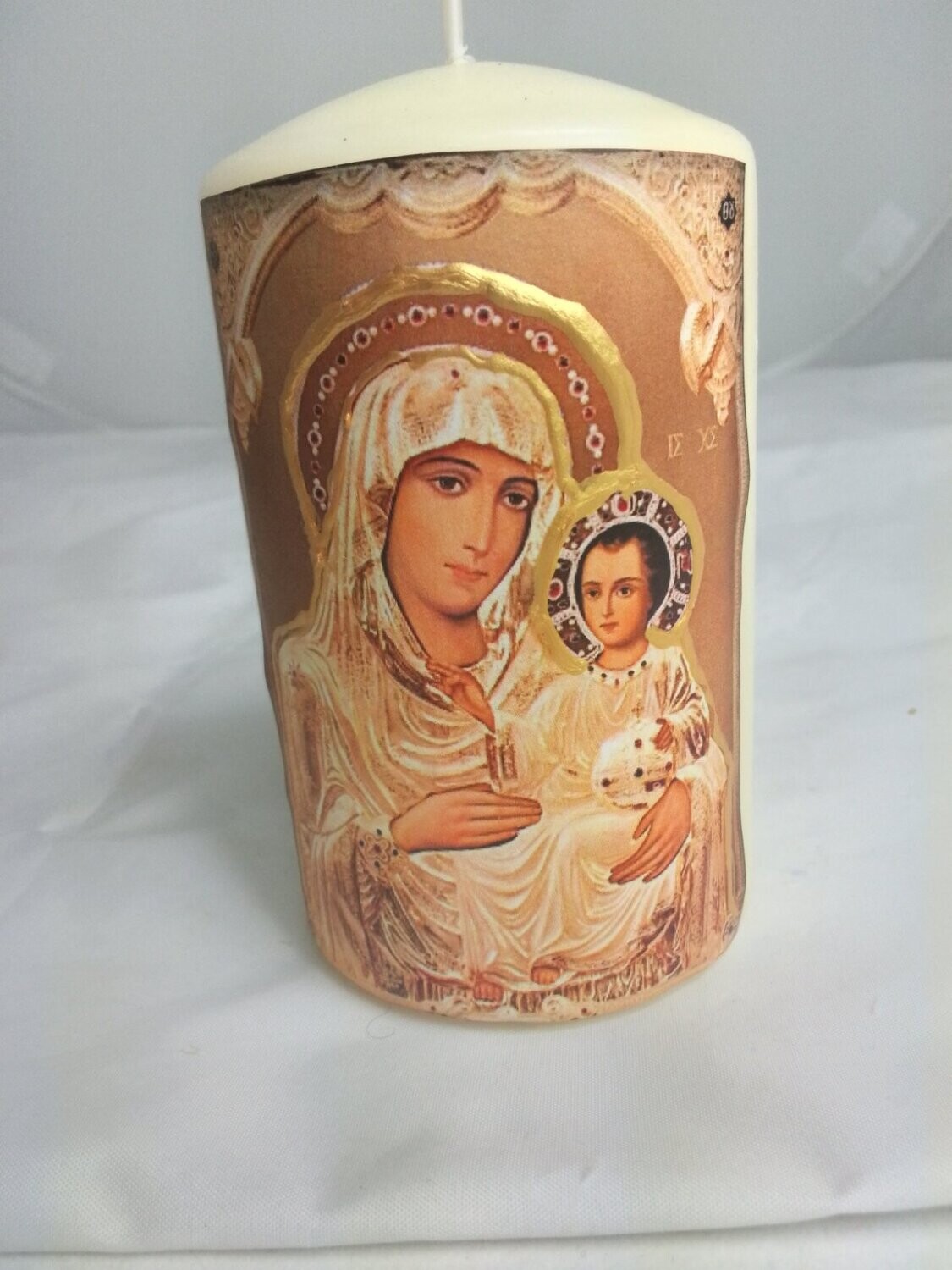 ​Candle with Virgin Mary and Jesus icon, handmade
