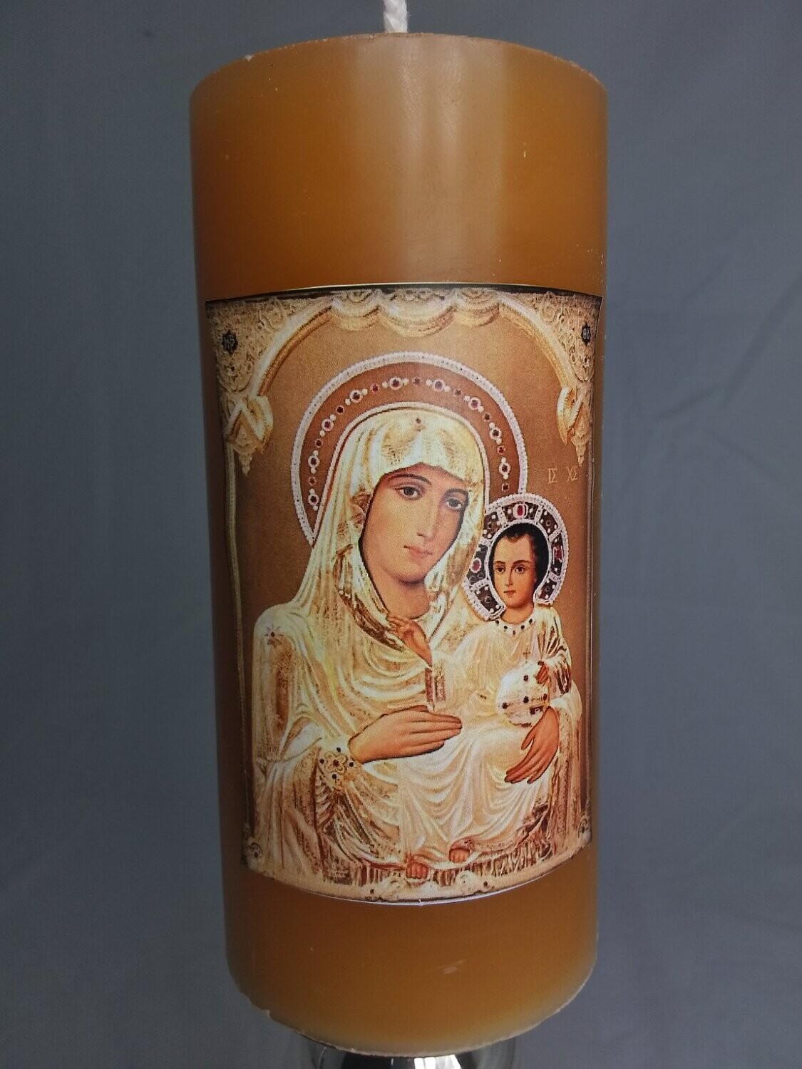 Handmade religious candle, with Virgin Mary and Jesus