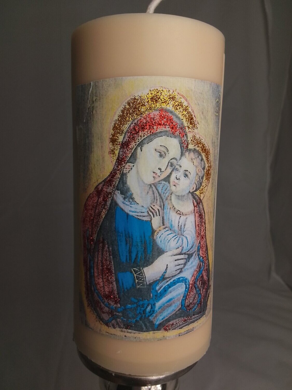 Handmade religious candle, with Virgin Mary and Jesus