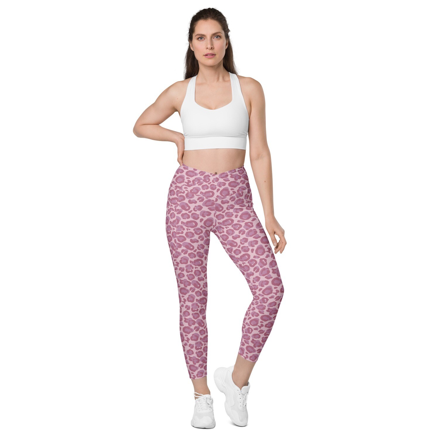 Pink leopard Crossover leggings with pockets