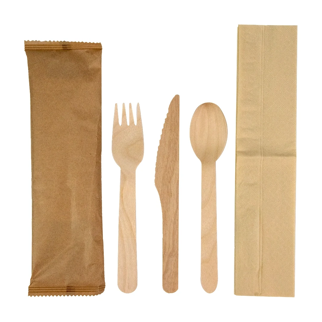 4 in 1 Wooden Cutlery Sets (Fork/Knife/Spoon &amp; Napkin) | Compostable Cutlery | Qty: 1000