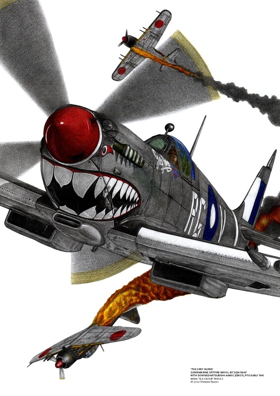 Grey Nurse Spitfire MKVIII with downed A6M5c Zero's