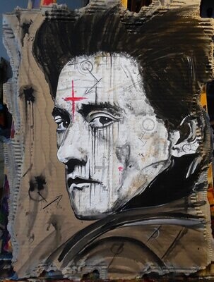 "Antonin Artaud".
Sur carton de environ 50 cm de haut.
Acrylique encres.
Artiste "Skitsen".