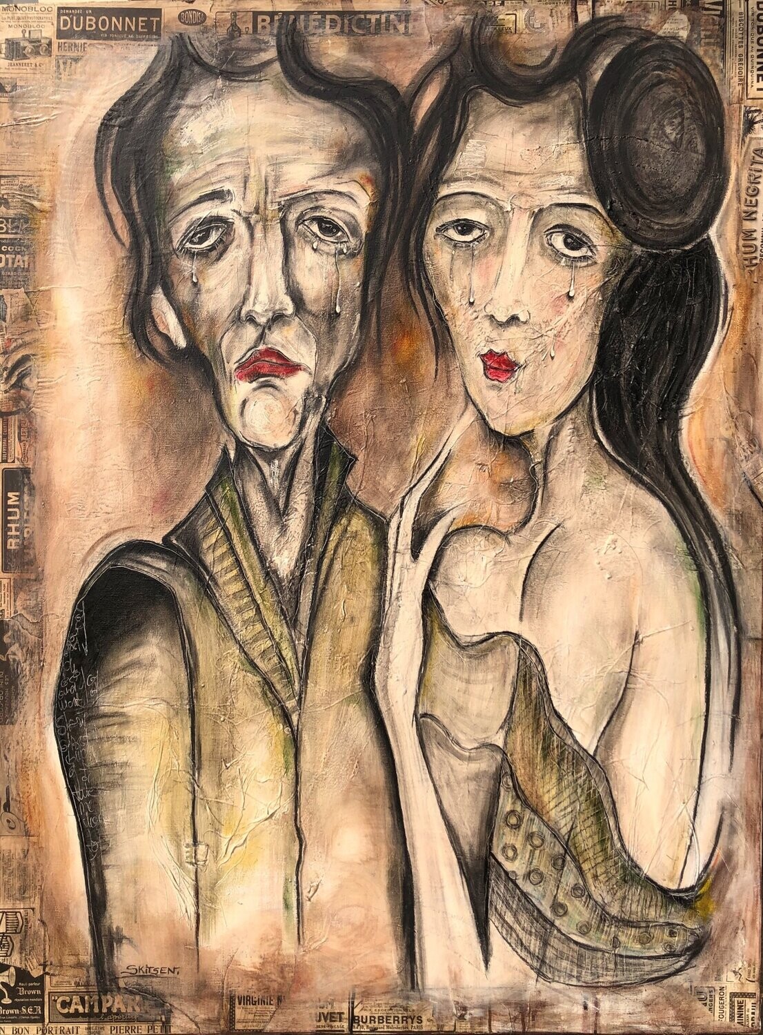"Une vie " 
Sur grande toile lin ancienne XXL 130x100cm. Pastels, fusains, encres, pointes fines. 
Artiste "Skitsen"
