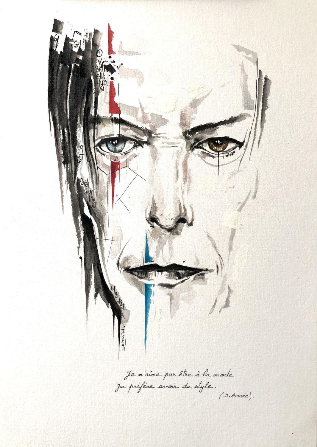 "D.Bowie".
Sur papier aquarelle 250gr 42x29,5cm.
Encres. (Artiste Skitsen)