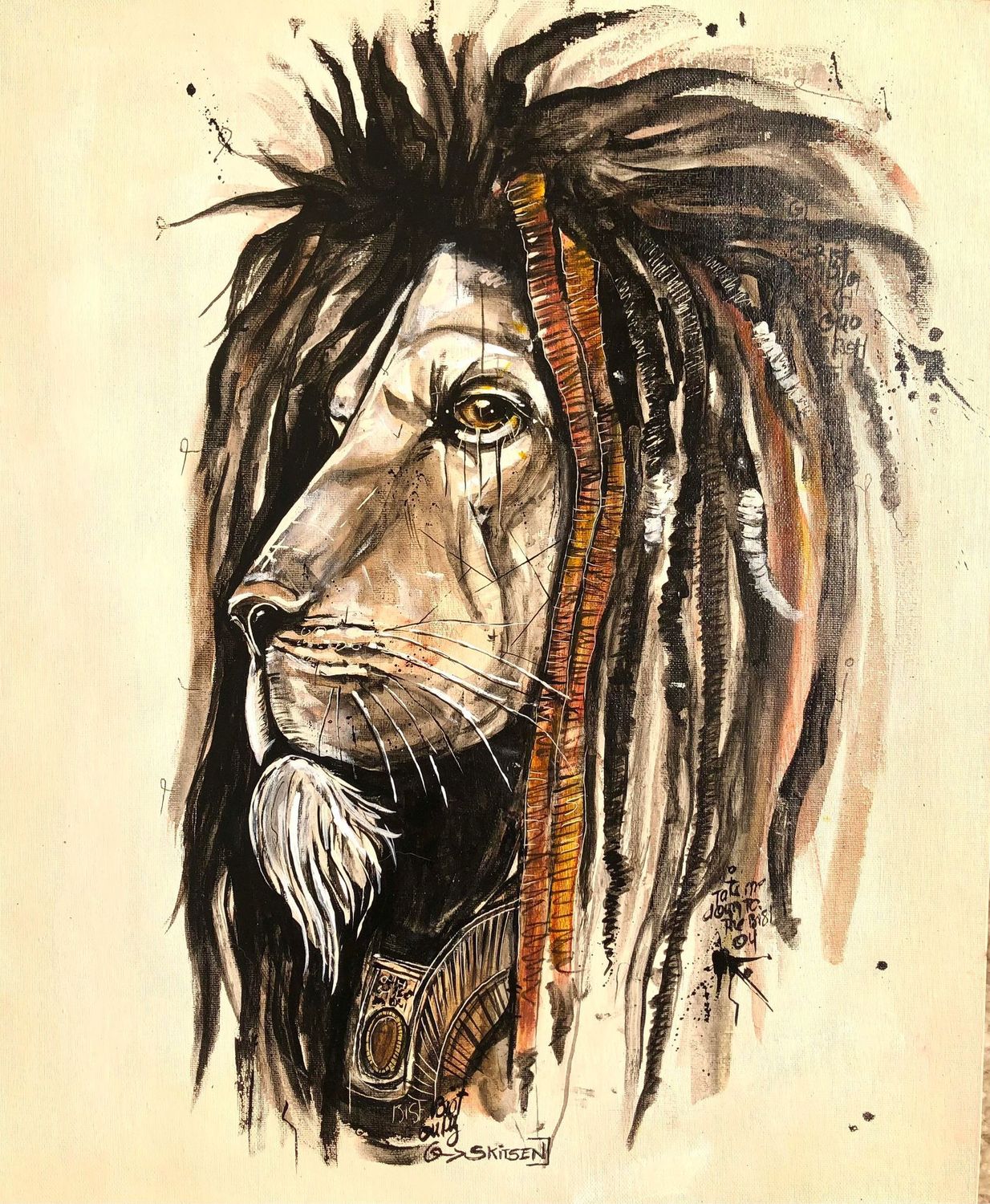 "Lion Dreadlocks".
Sur toile cartonnée de 46x38cm.
Pastels, encres, acrylique....
Artiste "Skitsen".