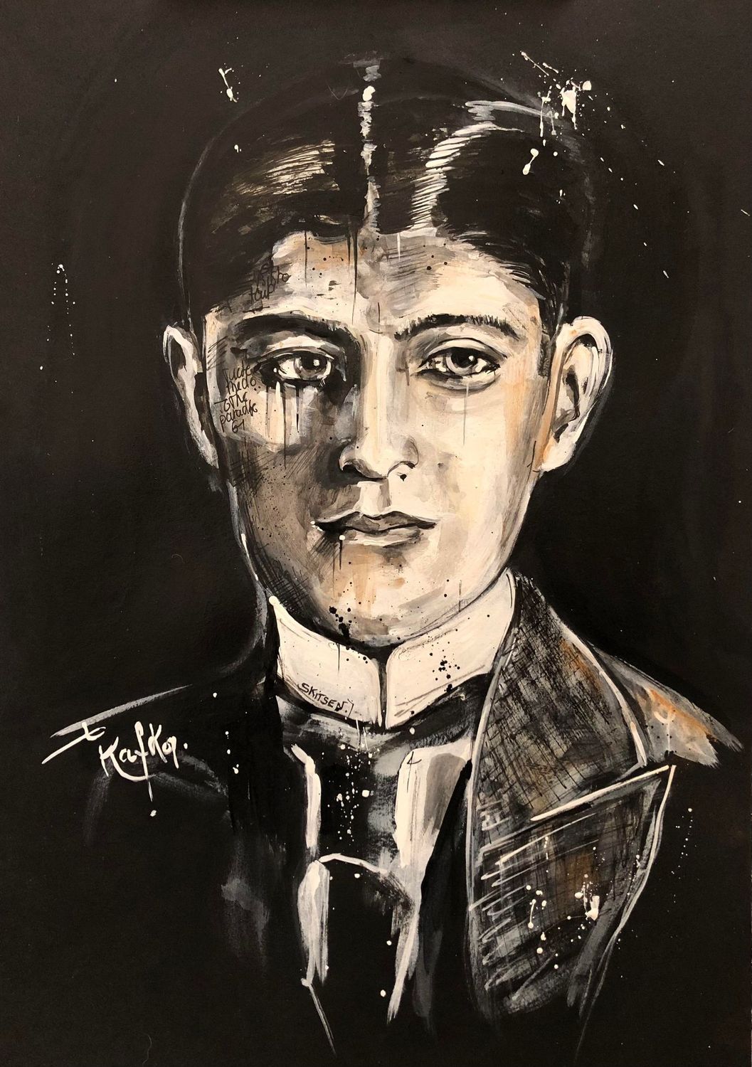 "Kafka".
Sur papier black 250gr 42x29,5cm.
Acrylique, encre chine, pastels.
 "Skitsen"
