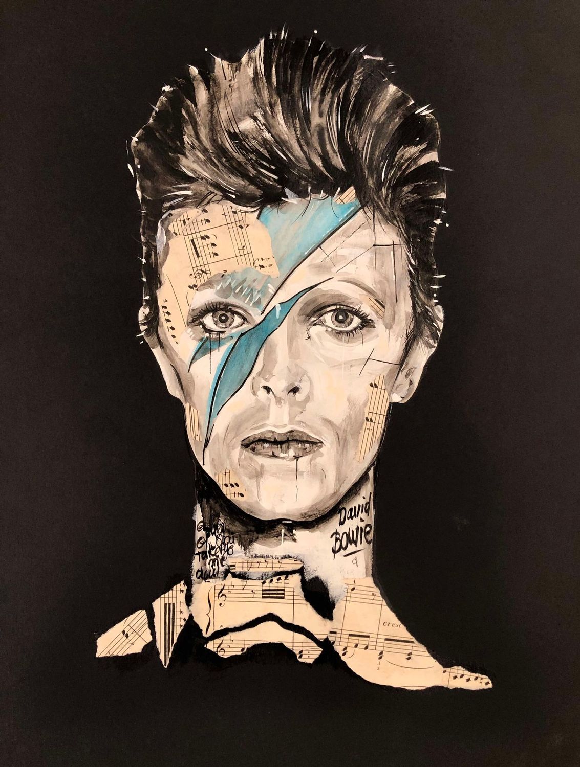 "D.Bowie".
Sur papier Black 250gr 42x29,5cm.
Acrylique, encres.
"Skitsen"