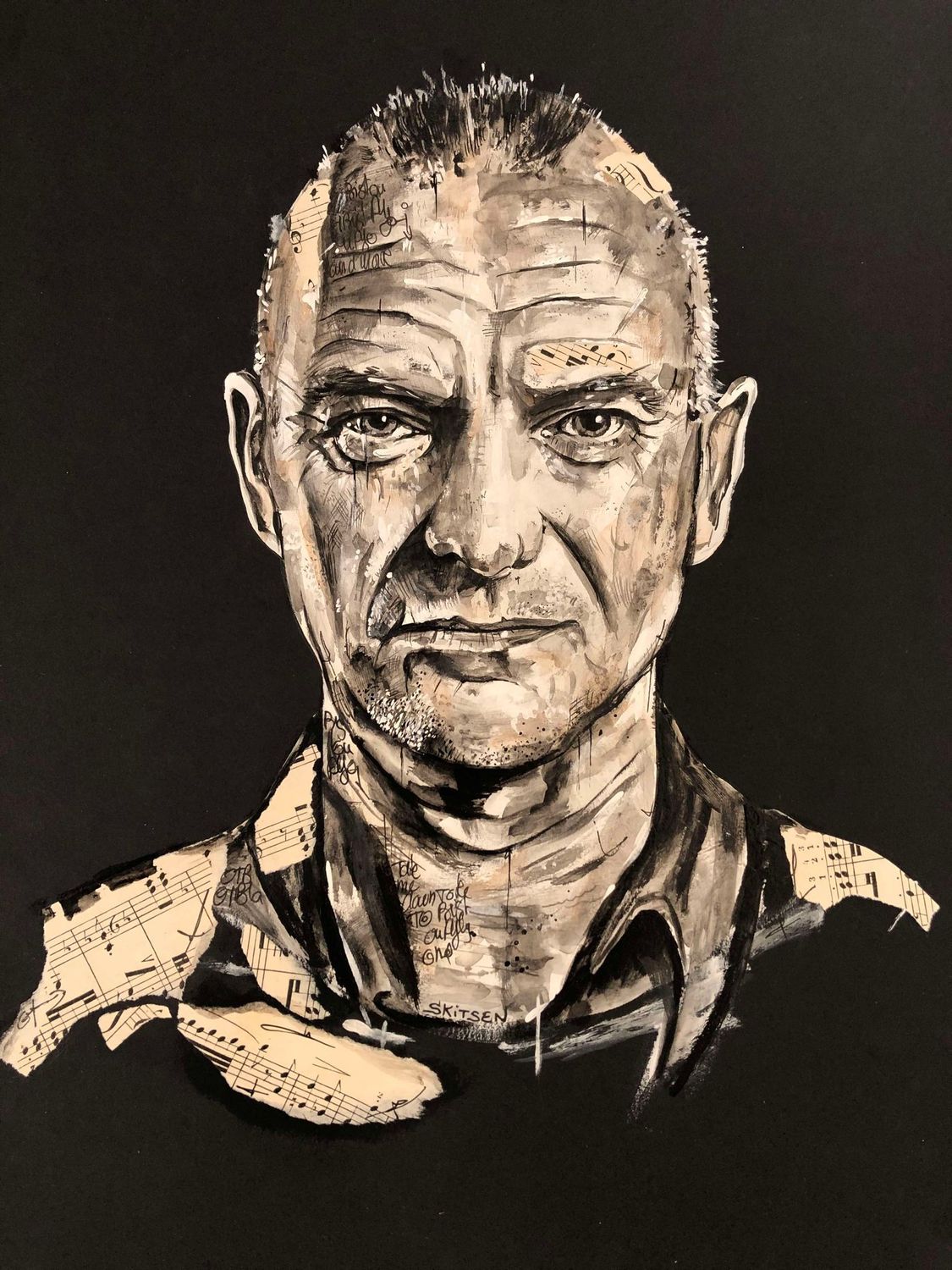 "Sting". 
Sur papier black 250gr 42x29,5cm.
Acrylique, encre chine, collage partition.
"Skitsen"