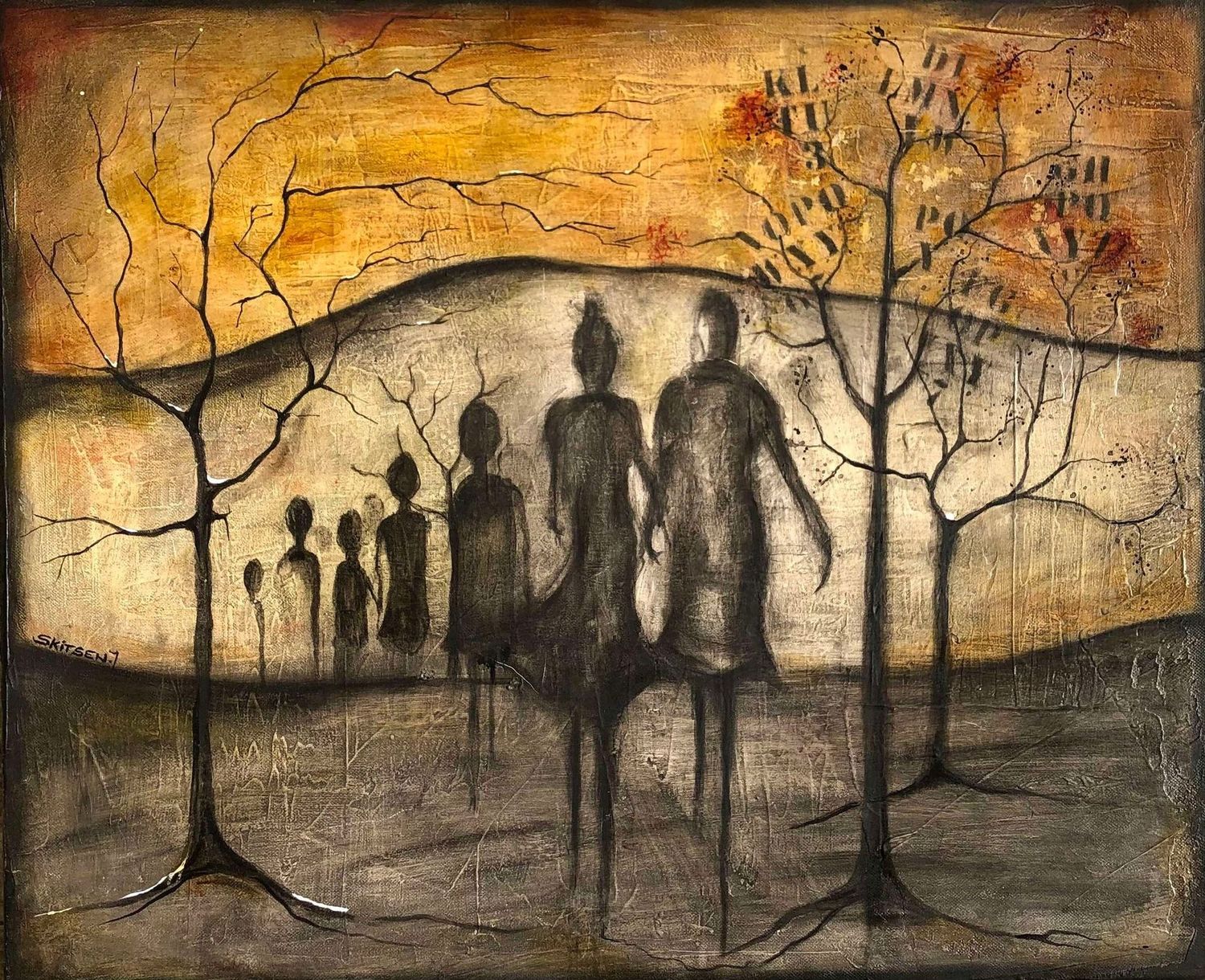 "Exode".
Sur châssis coton 60x50cm.
Pastels, fusains, ......
"Skitsen"
