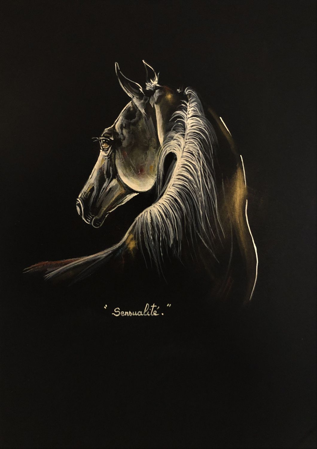 "Sensualité".
Sur papier black 250gr 42x29,5cm.
Acrylique, encres poudre or.