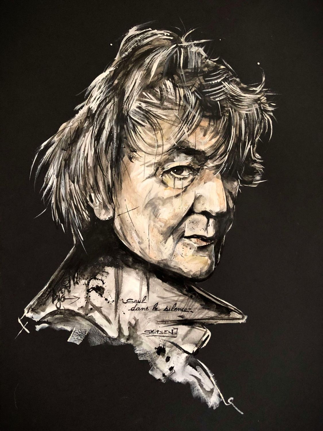 "Seul dans le silence". (J.Higelin).
Sur papier Black 250gr 42x29,5cm.
Pastels, acrylique, encre chine, pointes fines...
'Skitsen'