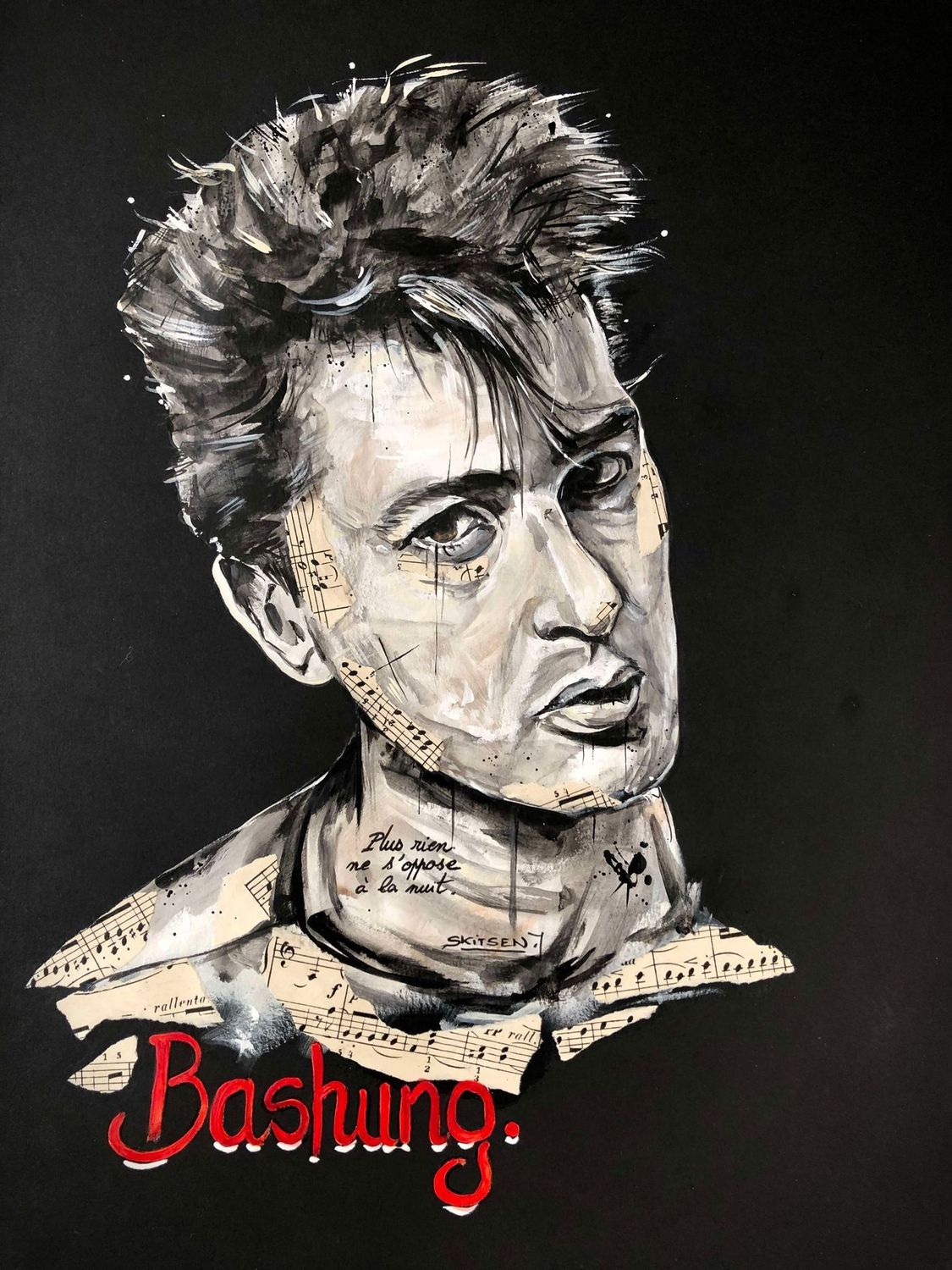 "A.Bashung".
Sur papier black 250gr 42x29,5cm.
Acrylique, pastels, encre chine....
'Skitsen'.