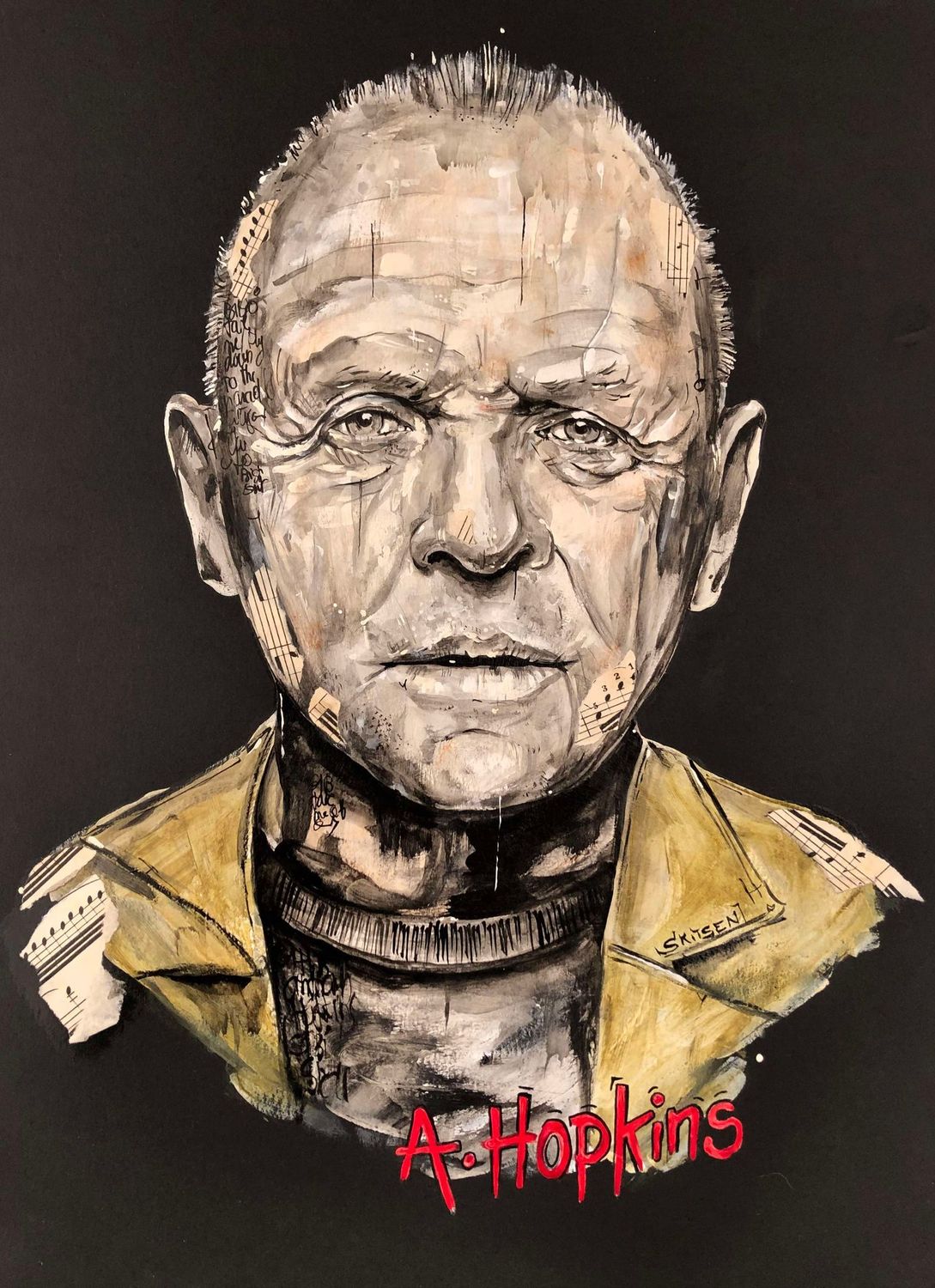 "Antony Hopkins".
Réalisation sur papier black 250gr 42x29,5cm.
Pastels, acrylique, encre chine, quelques collages.
Skitsen'
