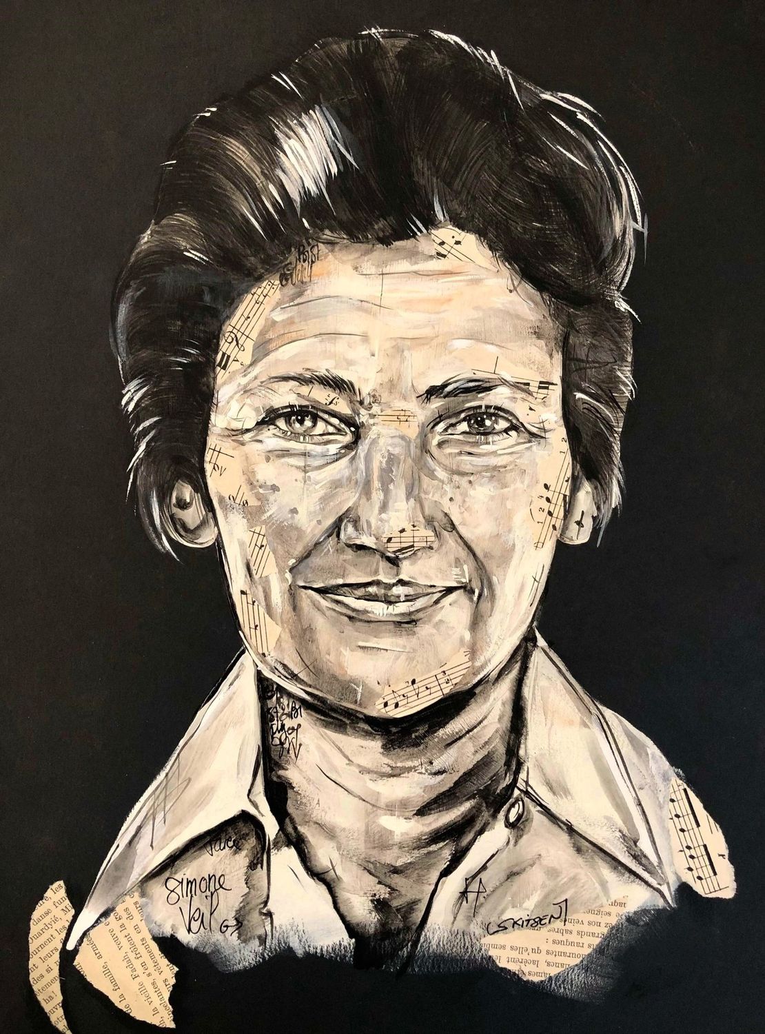 "Simone Veil".
Sur papier black 250gr 42x29,5cm.
Acrylique, pastels, encre chine, collages...
"Skitsen".