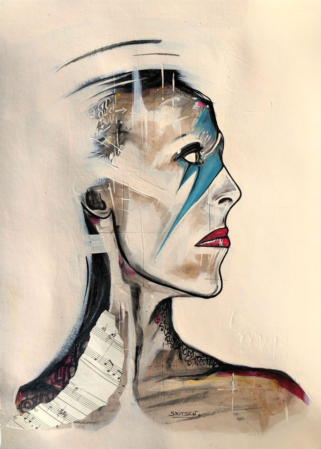 "D.Bowie". Sur papier écru 250gr 42x29,5cm.Acrylique, encres, pastels...