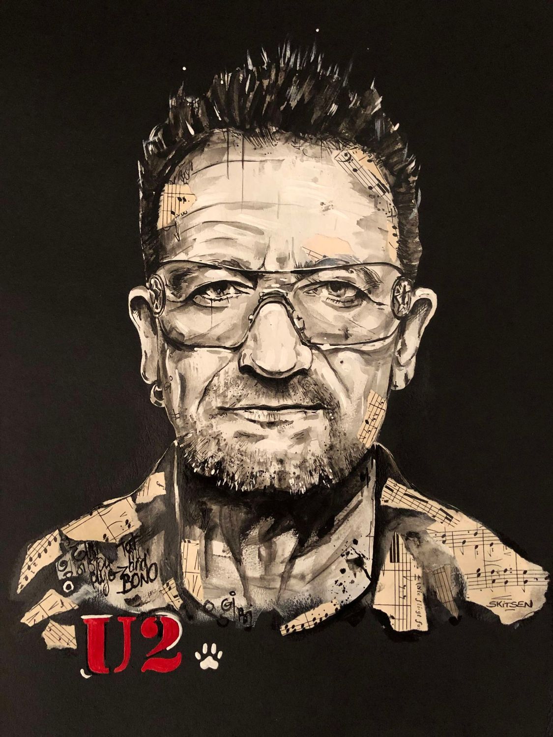 "Bono" U2. Sur papier black 250gr 42x29,5cm. Acrylique, pastels, encres, collages. "Skitsen"