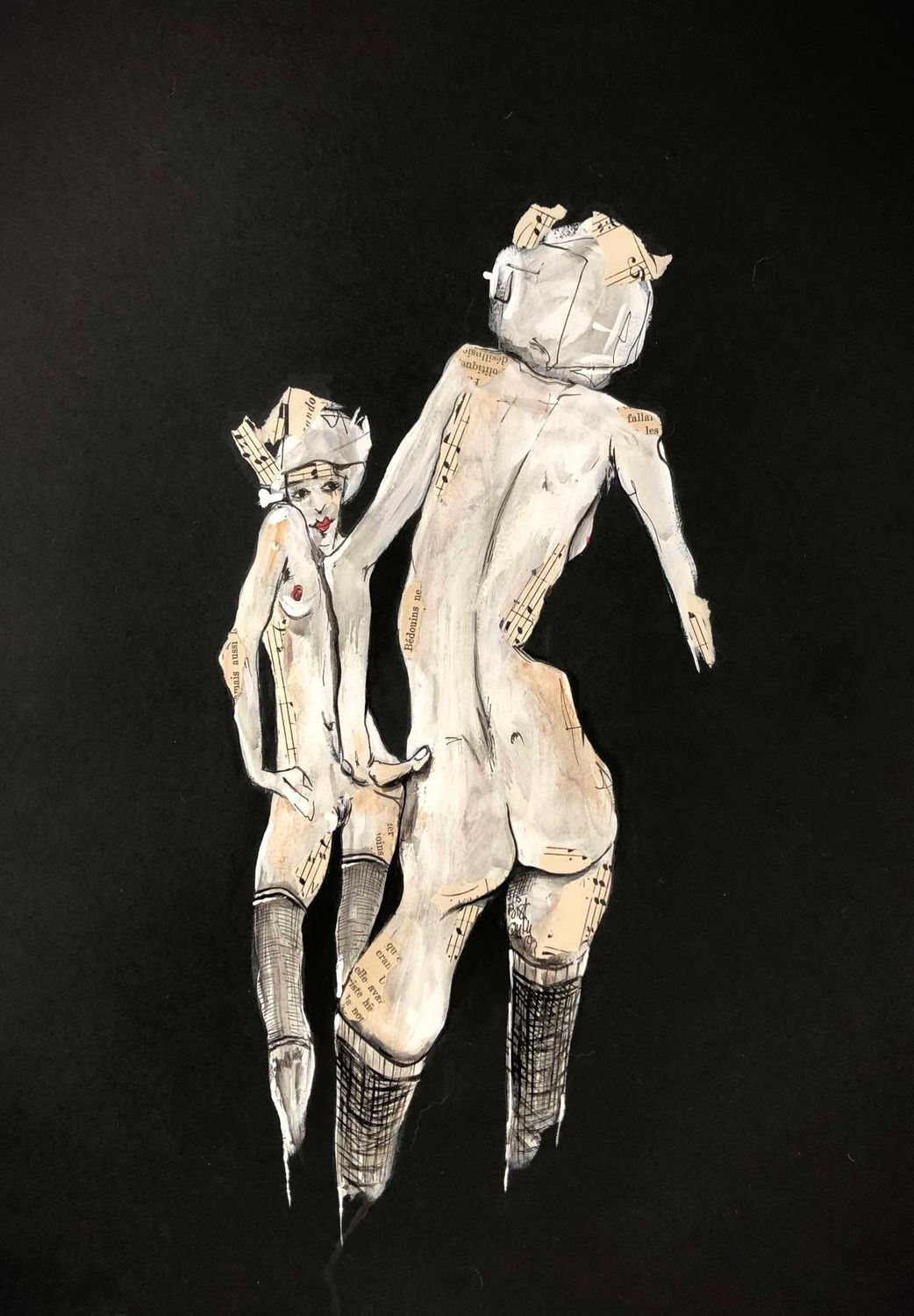 "Reflet de vie", inspiré de E.Schiele. Sur papier black 250gr 42x29,5cm. Acrylique, encres et quelques collages. 'Skitsen'.