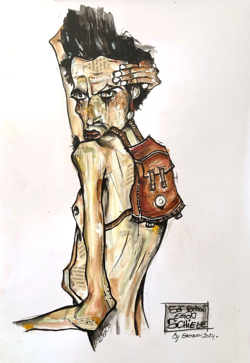 'Self portrait E.Schiele'.... Sur papier white 250gr 42x29,5cm. Pastels, acrylique, encres...