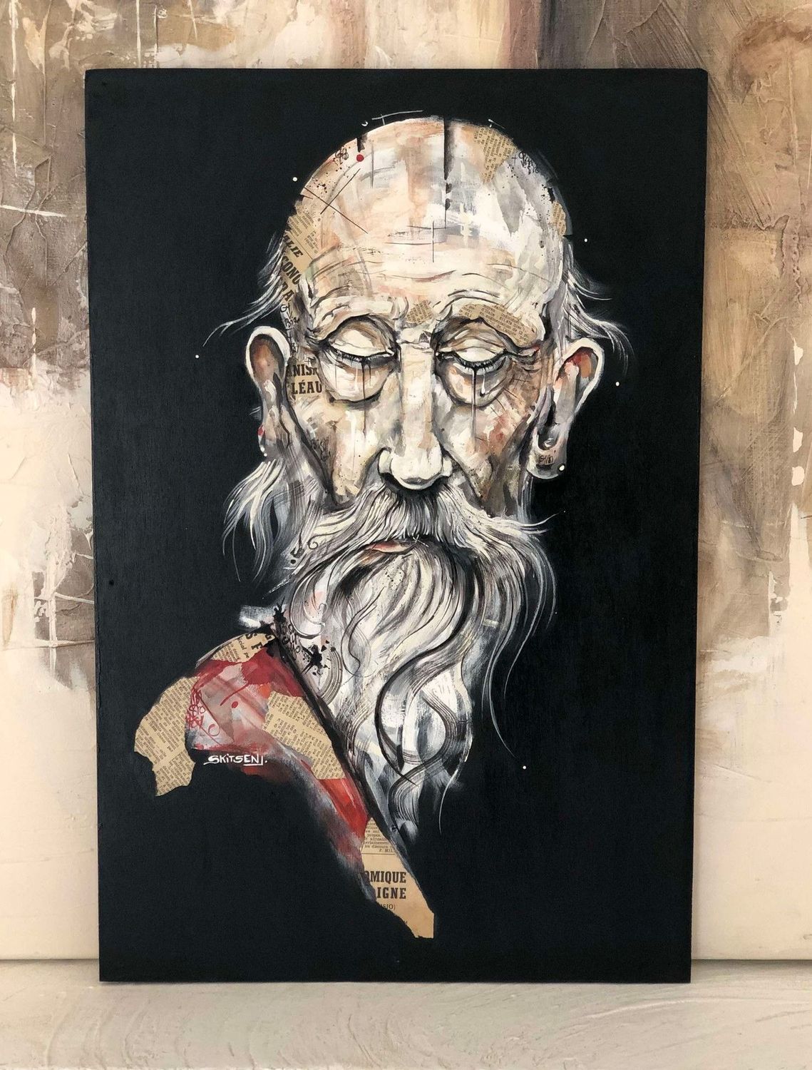 "Le sage". Sur une plaque de bois de 61x40,5cm. Acrylique, encres, pastels.... artiste "Skitsen"