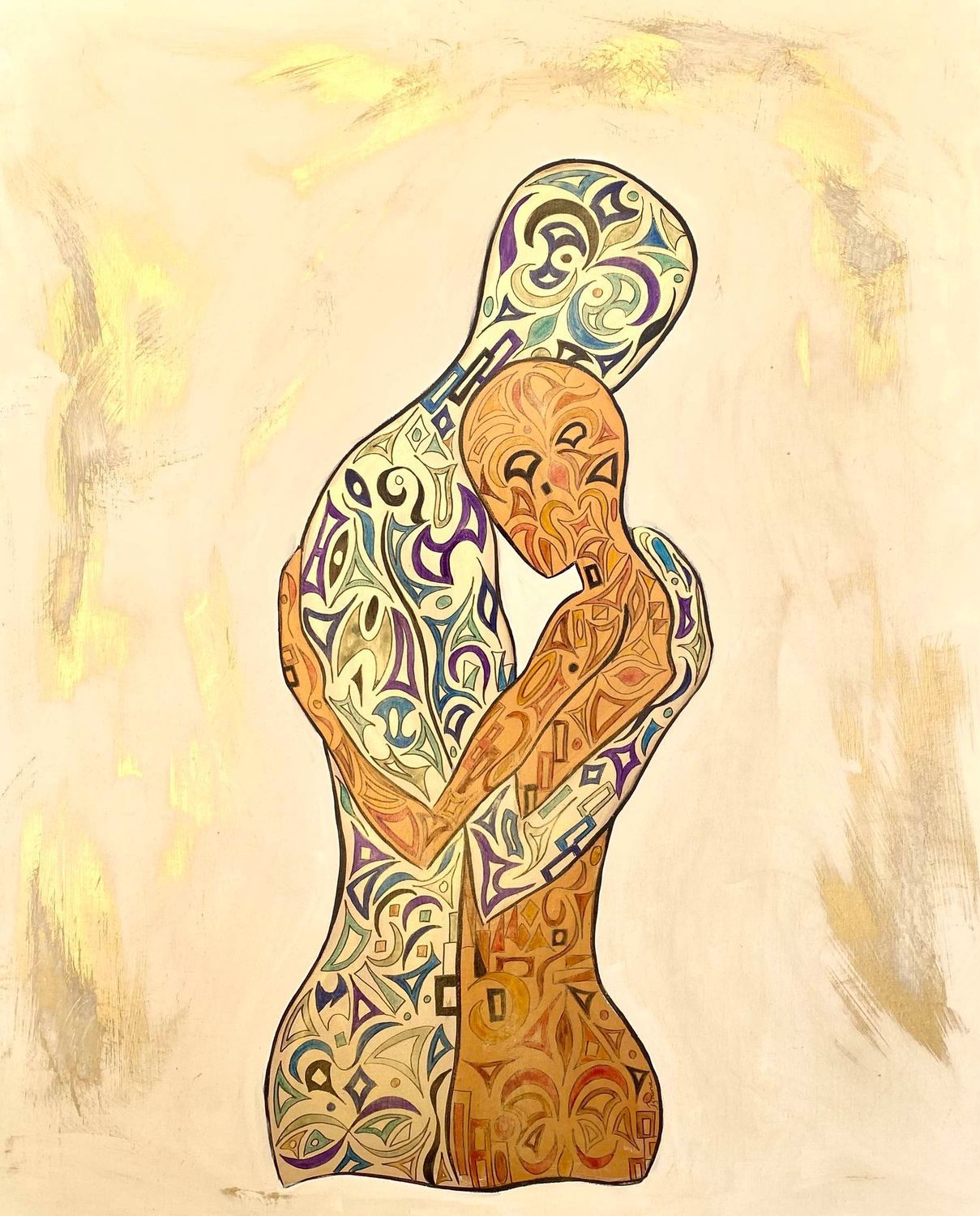 "Vivre contre ton émoi".Sur toile châssis lin 100x81cm. Acrylique, encres... poudre à dorer et poudre bronze. "Ignara".