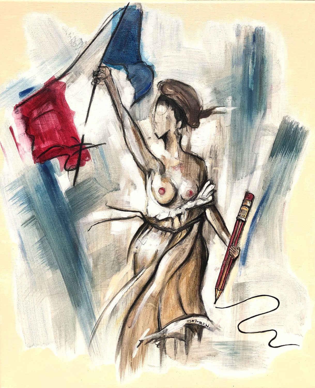 "Libération". Sur toile châssis lin 100x80cm. Pastels, fusains....vernis. "Skitsen"