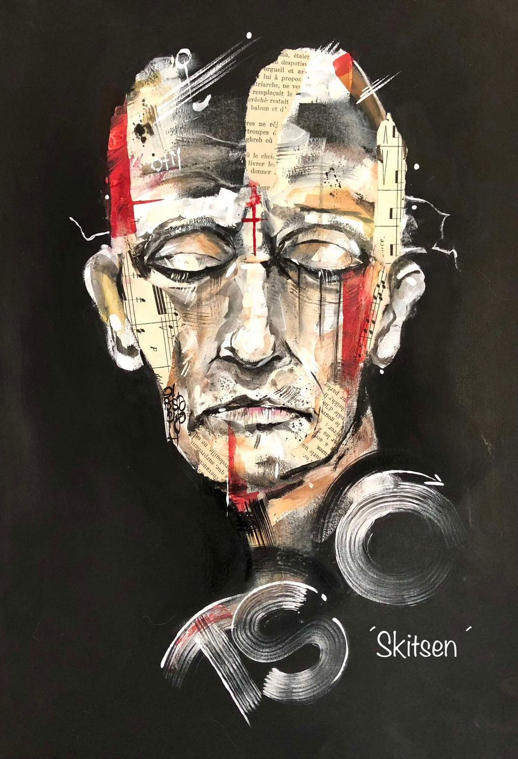 "Songes". Sur papier Black 250gr 42x29,5cm. Acrylique, encres, pastels, collages. "Skitsen"