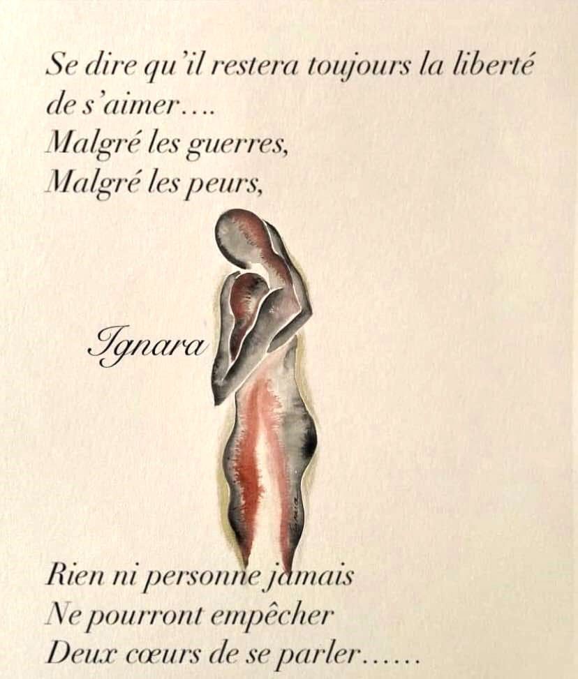 "Liberté". Sur papier écru 250gr 42x29,5cm. Encres, poudre d'or. "Ignara"