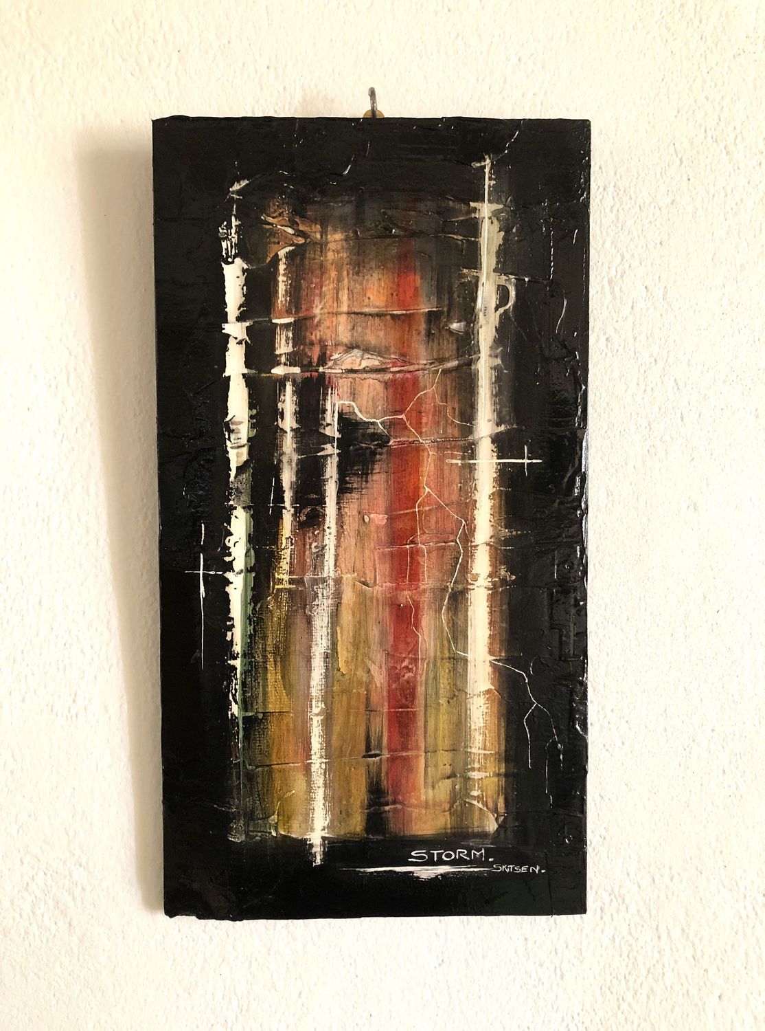 "Storm". Sur bois de 60x30cm. Acrylique, encres, pastels, vernis... "Skitsen"