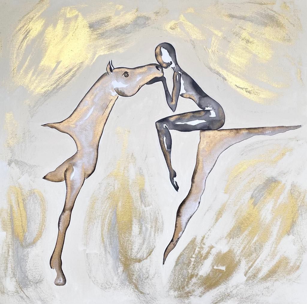 "Intimité". Sur toile châssis lin 60x60cm. Acrylique, encres, poudre d'or. "Ignara"