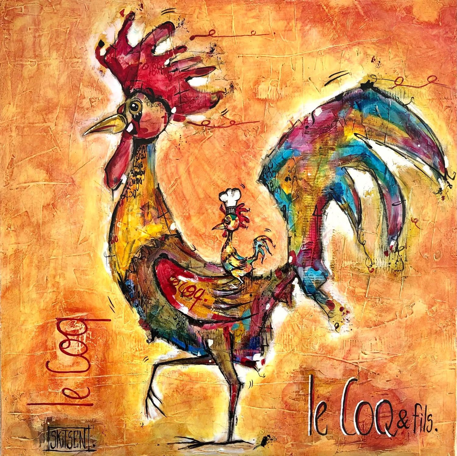 "Le coq...père et fils". Sur toile châssis lin 60x60cm. Fusains, pastels, encres...vernis. "Skitsen"