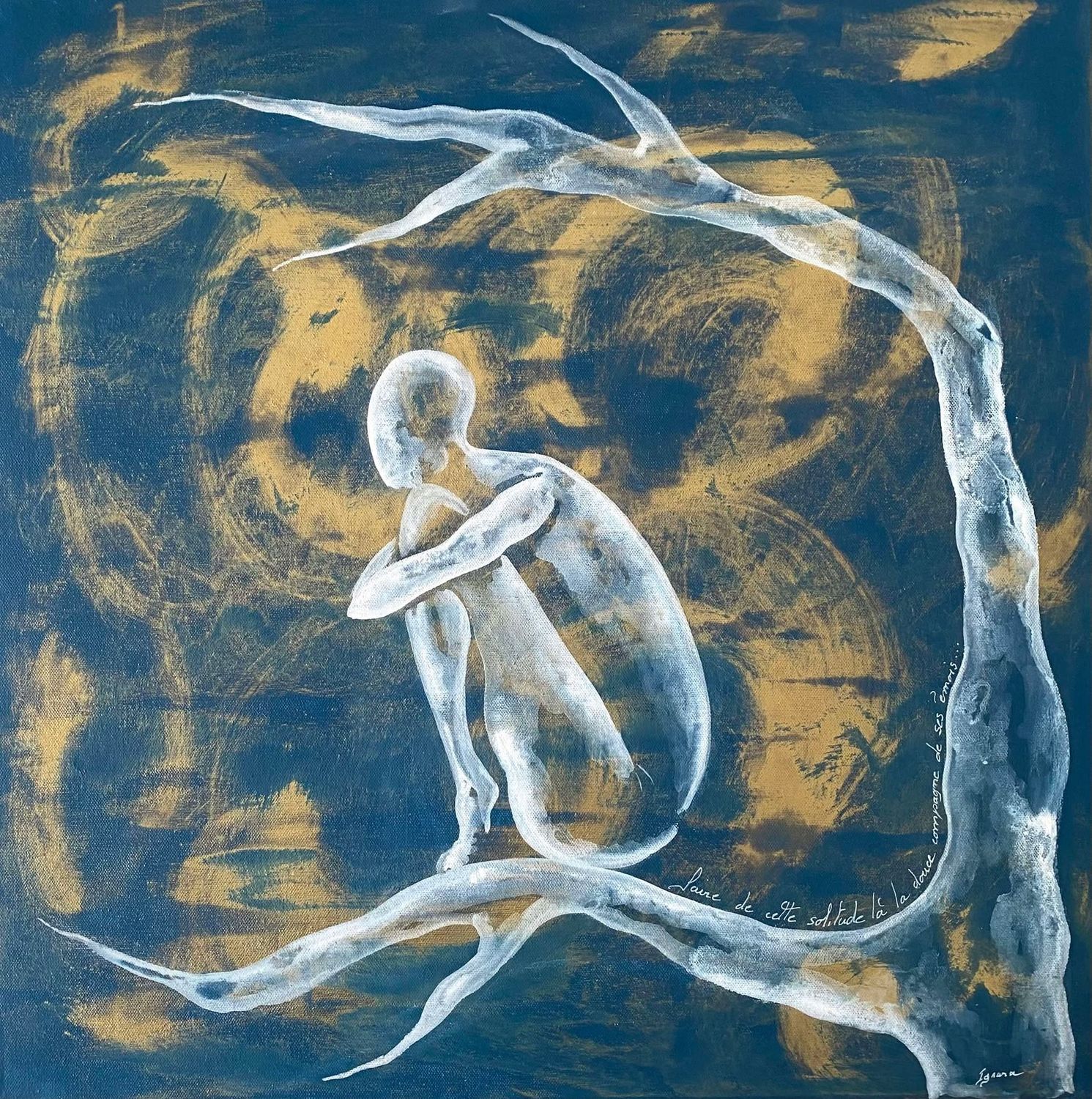 "Solitude". Réalisation sur toile châssis lin 60x60cm. Acrylique, encres, vernis.