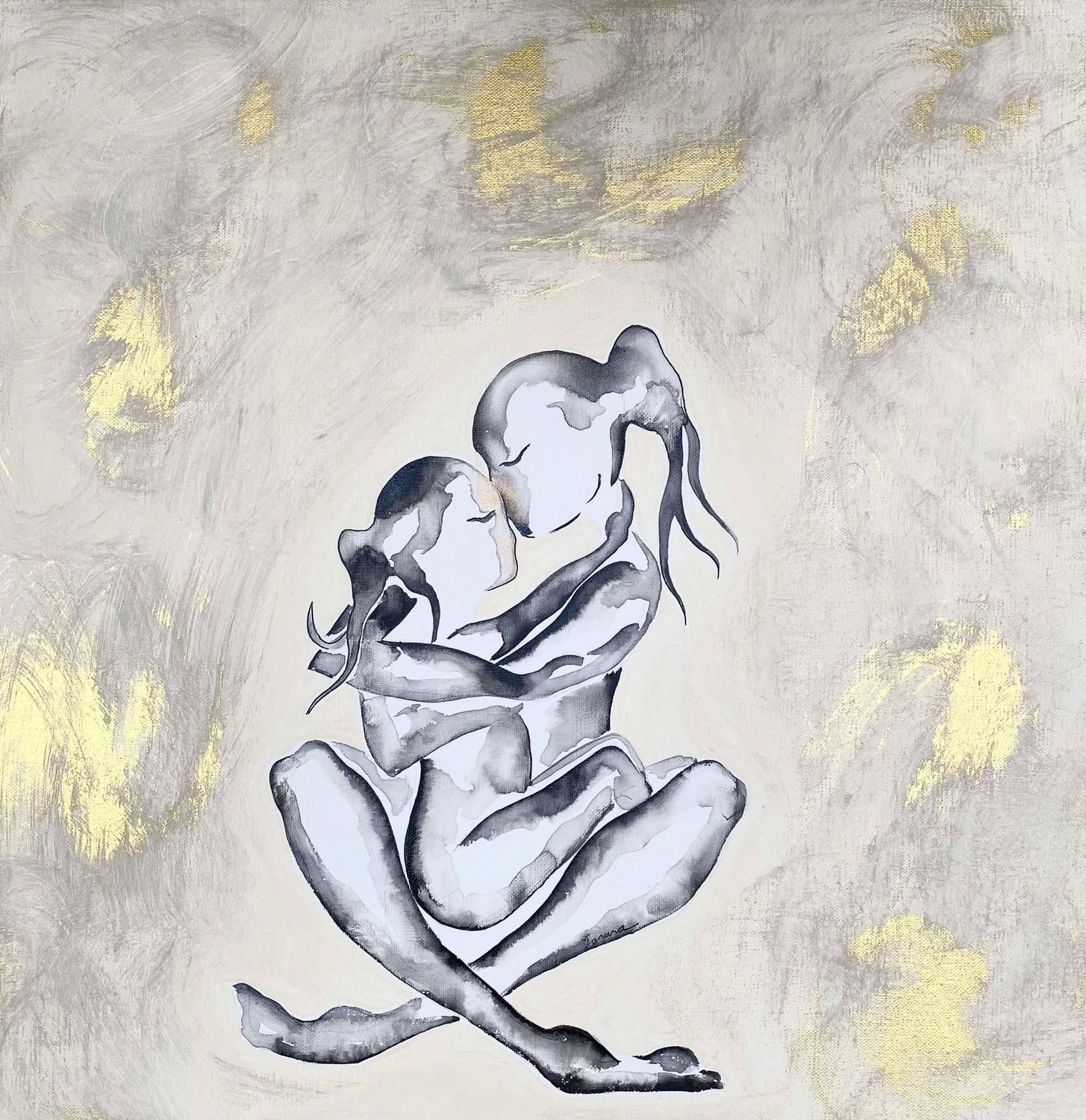 "De cet amour là....". Sur toile châssis lin de 60x60cm.  Acrylique, encres, poudre d'or. Ignara.