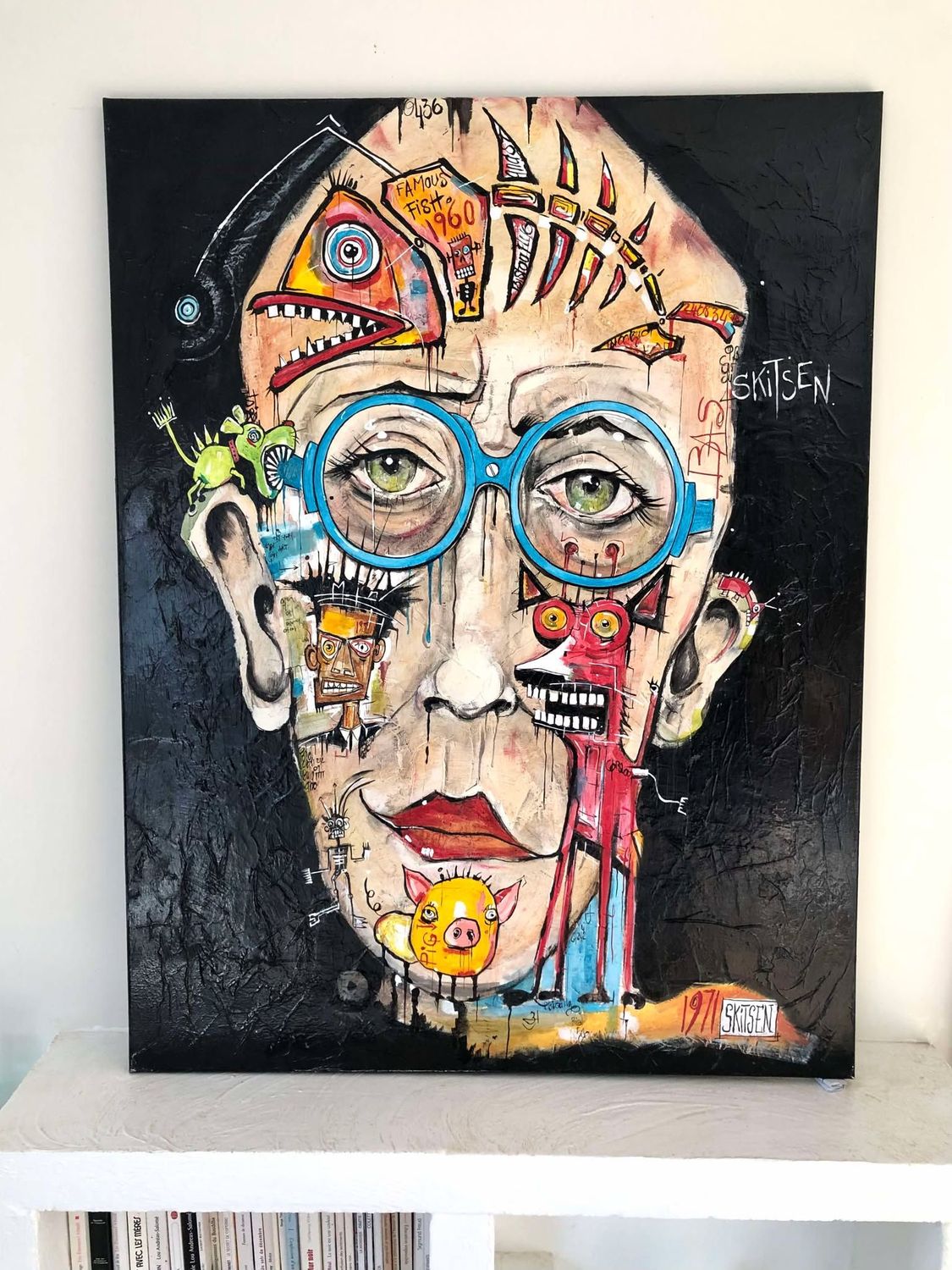 "Skitsen and Basquiat". Sur grande toile châssis lin de 116x86cm. Acrylique, pastels, encres, vernis. "Skitsen"