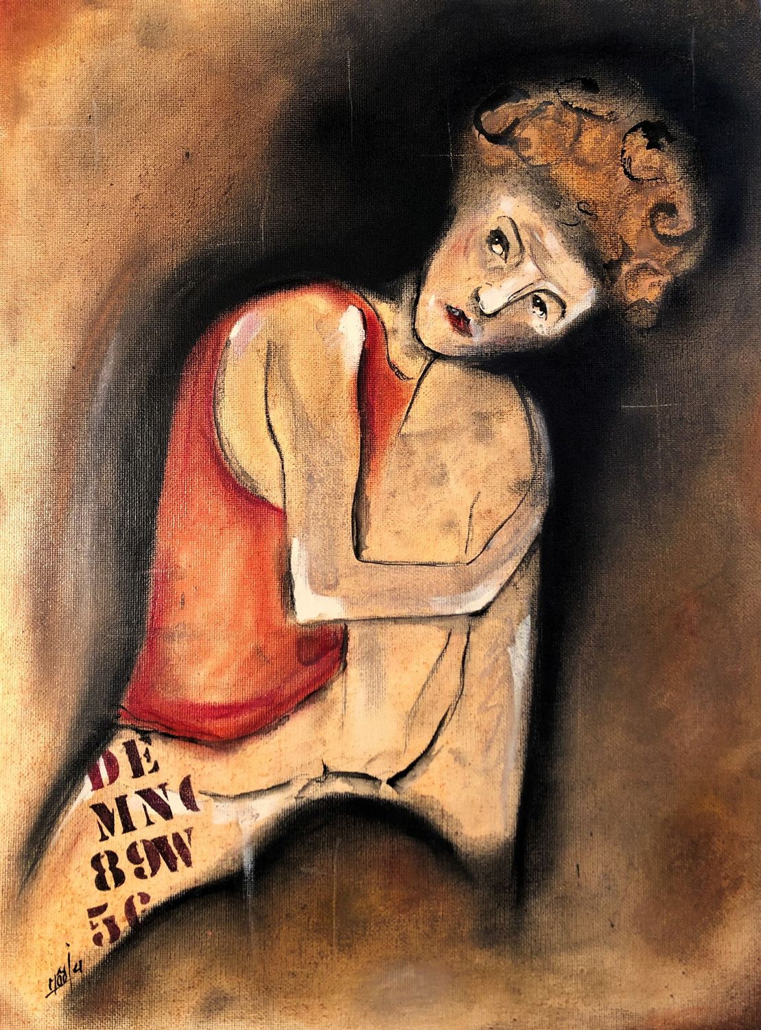 "Introspection". Sur une toile châssis lin de 100x80cm. Fusains, pastels, encre chine, vernis. "Skitsen"