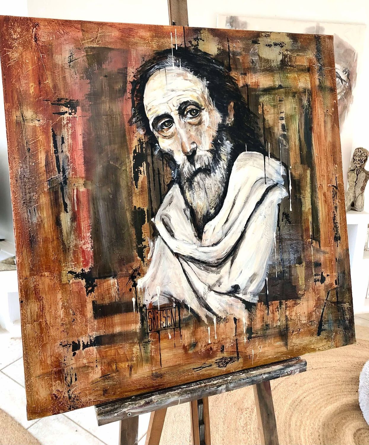 "Le sage". Sur une toile lin 80x80cm. Matière, pastels, fusains, encres, Acrylique... Vernis. "Skitsen"