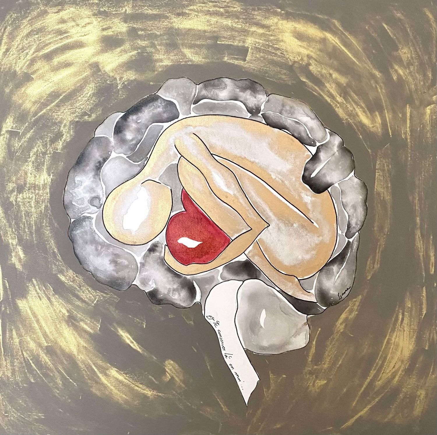 "Et te conserver là... en moi". Sur toile lin 60x60cm. Acrylique, encres, poudre or. "Ignara"