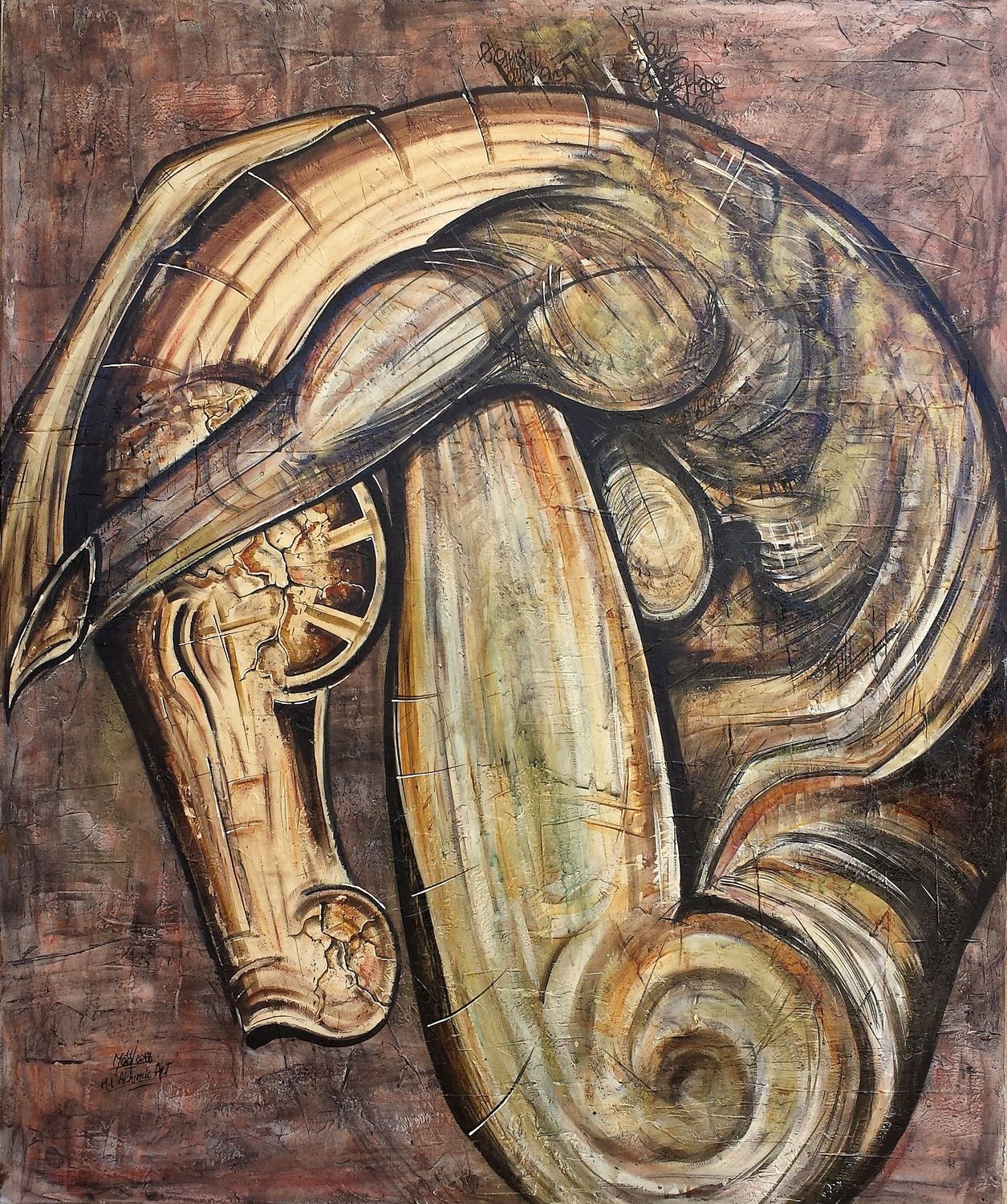 "Centaure" Sur toile châssis lin 116x86cm. Acrylique, pastels, fusains, encres...vernis. "Skitsen"