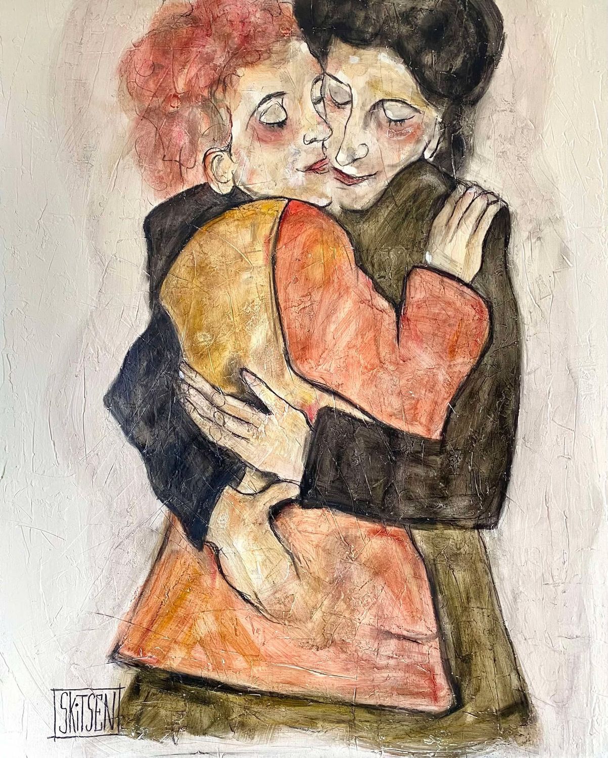 "Instant de réconfort".  Sur grande toile châssis lin 100x81cm.  Matière, pastels, fusains...vernis.  "Skitsen"