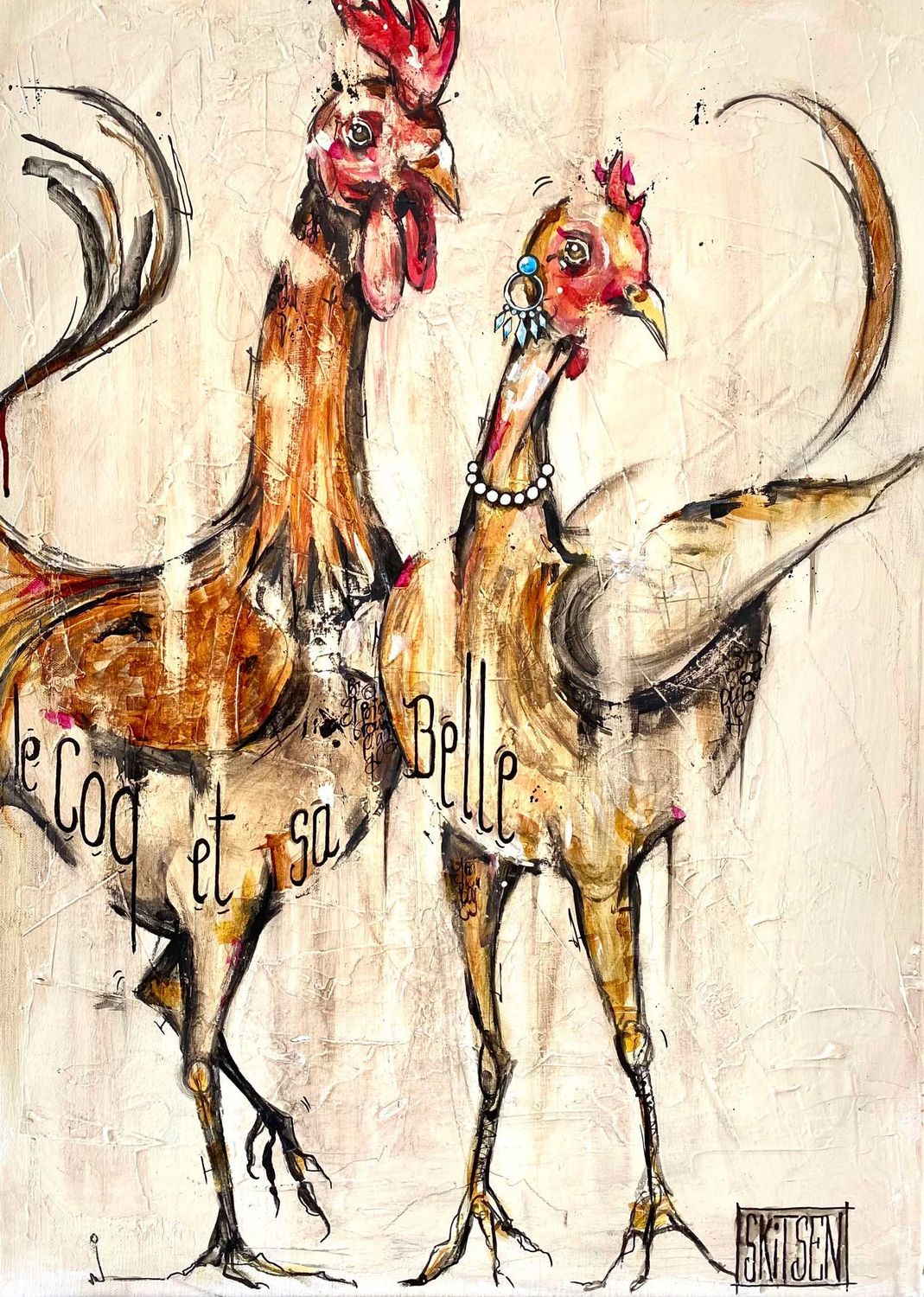 "Le coq et sa belle". Sur toile châssis lin 70x50cm. Matière, pastels, fusains, encres, vernis. "Skitsen"