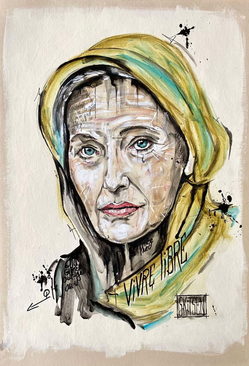 "Vivre libre". Sur papier écru 250gr 42x29,5cm. Encres, acryliques...... "Skitsen".