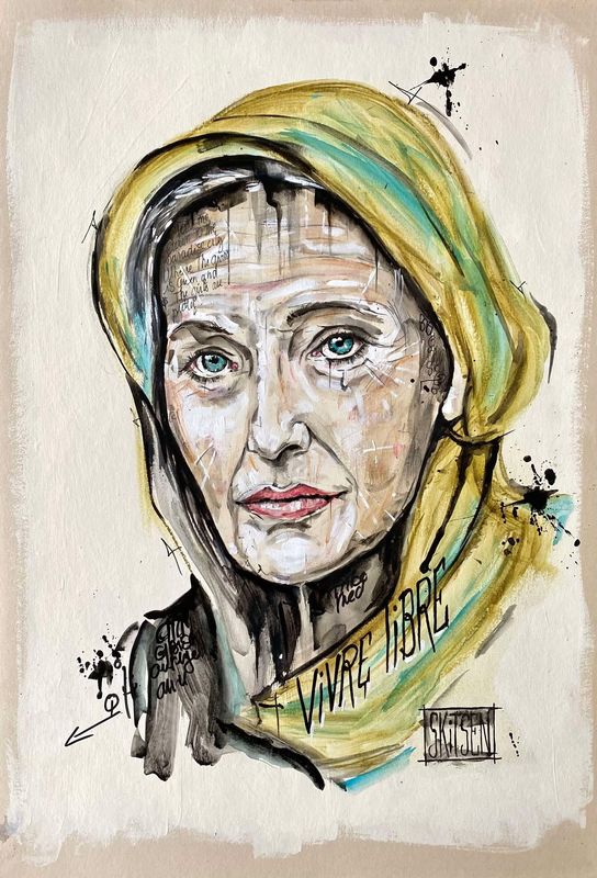 "Vivre libre". Sur papier écru 250gr 42x29,5cm. Encres, acryliques...... "Skitsen".
