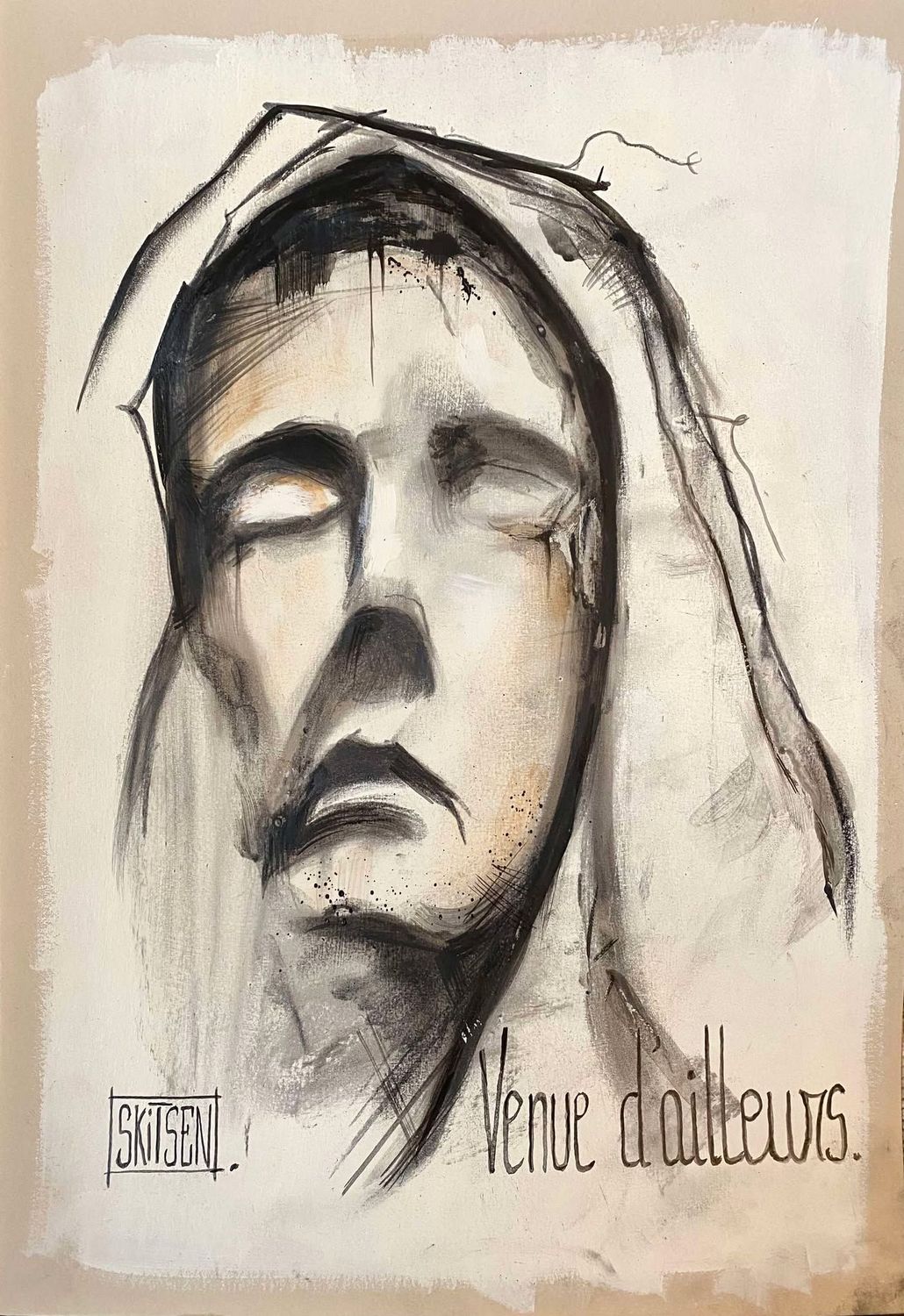 "Vivre libre". Sur papier écru 250gr 42x29,5cm. Encres, acryliques...... "Skitsen".