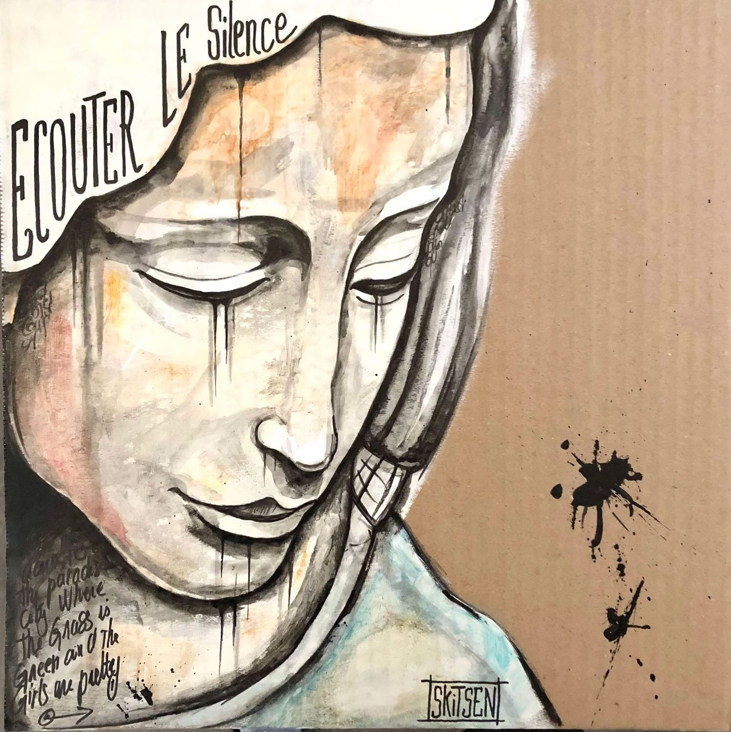 "Ecouter le silence". Sur un carton épais de 34,5cmx34,5cm. Pastels, acrylique, encre chine.. "Skitsen"