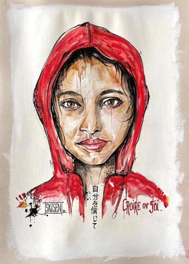 "Croire en soi". Sur papier écru 250gr 42x29,5cm. Acrylique, pastels, encres. "Skitsen".
