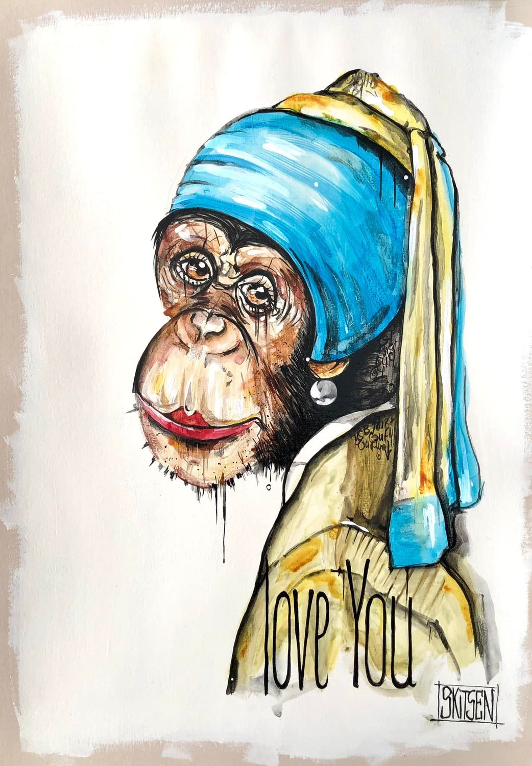 "Love you" Revisite de l'oeuvre de Vermeert... Sur papier écru 250gr 42x29,5cm. Acrylique, pastels, encres.... "Skitsen"