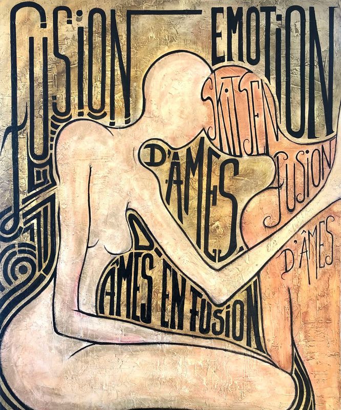 "Fusion d'âmes, fusion d'émotion". Sur grande toile châssis lin ancienne de 113x93cm. Pastels, fusains, encres...vernis. "Skitsen".
