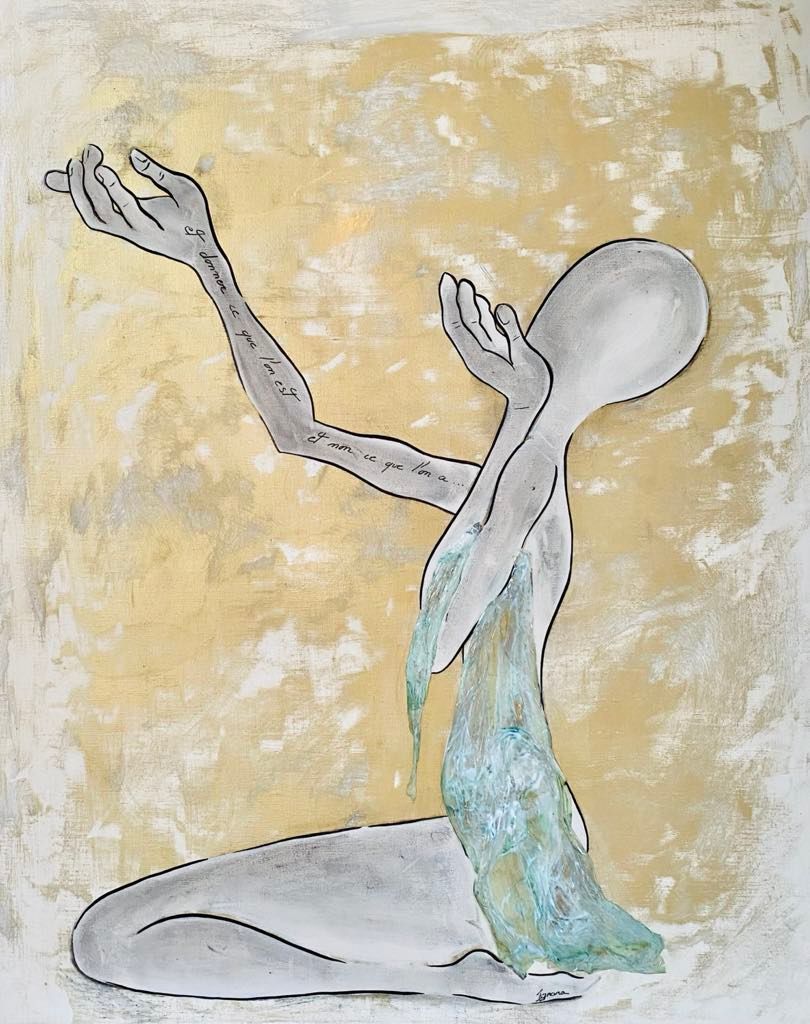 "Et donner ce que l'on est ...et non ce que l'on a"... Sur toile châssis lin 80,5cmx65cm Acrylique, encres, poudre or.... "Ignara"