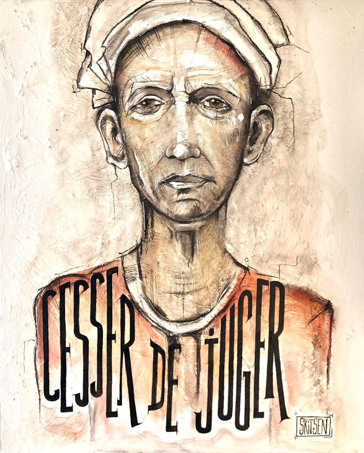 "Cesser de juger". Sur toile châssis lin 100x81cm. Matière, pastels, fusains, encres. vernis. "Skitsen".
