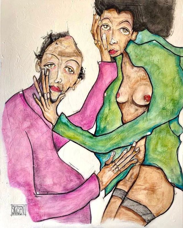 "Le couple". Sur toile châssis lin 100x81cm. Matière, pastels, fusains, encres.... "Skitsen"